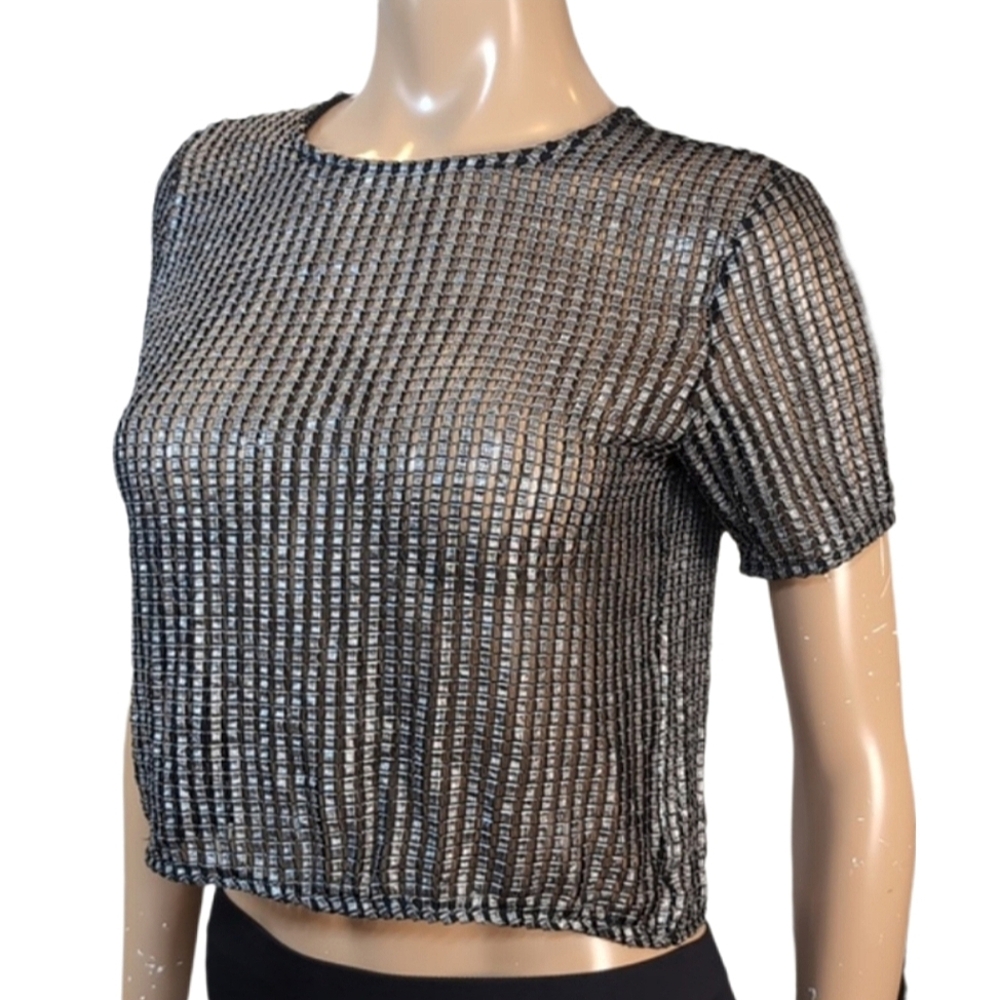 Ya Los Angeles Metallic Mesh Short Sleeve Top Womens Large Black Silver Festival